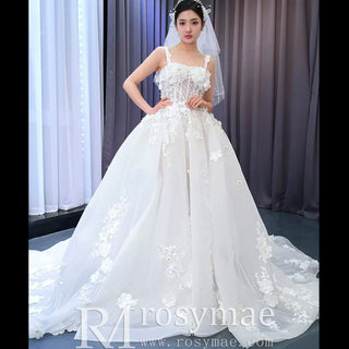 Vintage 3D Floral Ball Gown Wedding Dress with Wide Straps