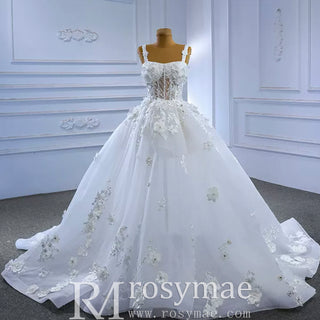 Vintage 3D Floral Ball Gown Wedding Dress with Wide Straps