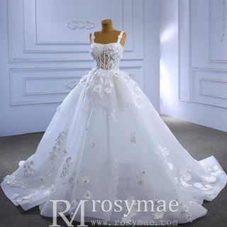 Vintage 3D Floral Ball Gown Wedding Dress with Wide Straps