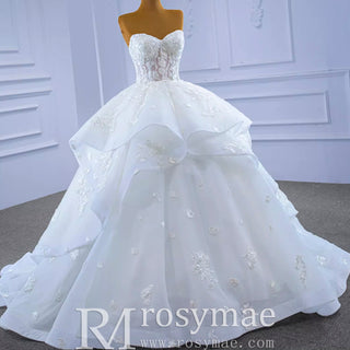 Strapless Wedding Gown Lace Appliqued Ruffle Wedding Dress