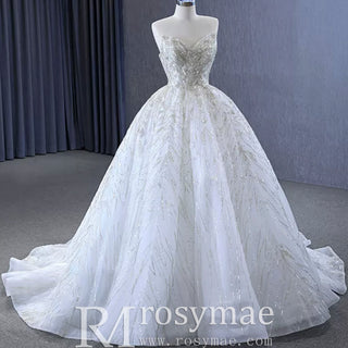 Beaded Lace Apliqued Ball Gown Wedding Dress Strapless Bridal Gown