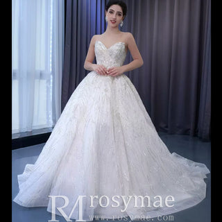 Beaded Lace Apliqued Ball Gown Wedding Dress Strapless Bridal Gown