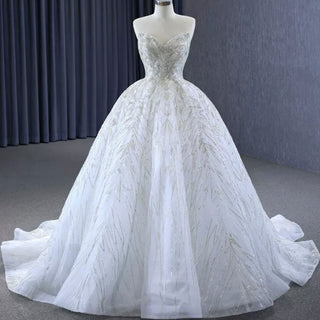 Beaded Lace Apliqued Ball Gown Wedding Dress Strapless Bridal Gown