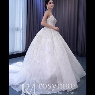 Beaded Lace Apliqued Ball Gown Wedding Dress Strapless Bridal Gown