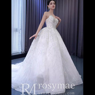 Beaded Lace Apliqued Ball Gown Wedding Dress Strapless Bridal Gown