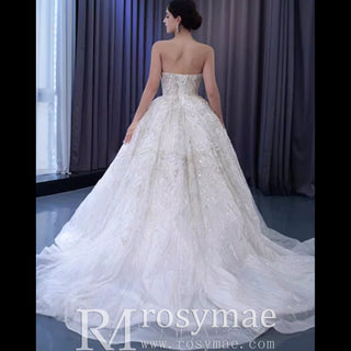 Beaded Lace Apliqued Ball Gown Wedding Dress Strapless Bridal Gown