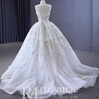 Beaded Lace Apliqued Ball Gown Wedding Dress Strapless Bridal Gown