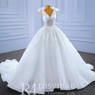 Luxury Tulle Ball Gown Wedding Dresses with V-neck