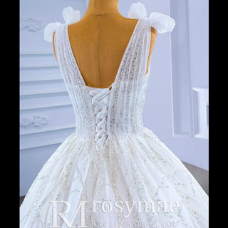 Luxury Tulle Ball Gown Wedding Dresses with V-neck