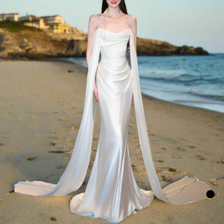 Simple Cape Mermaid Wedding Dress With Boat Neckline