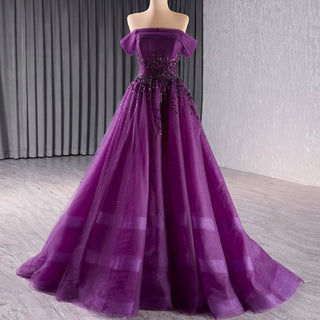 Off the Shoulder Purple A-line Tulle Prom Dress Evening Gown