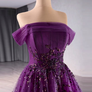 Off the Shoulder Purple A-line Tulle Prom Dress Evening Gown