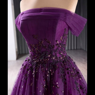 Off the Shoulder Purple A-line Tulle Prom Dress Evening Gown