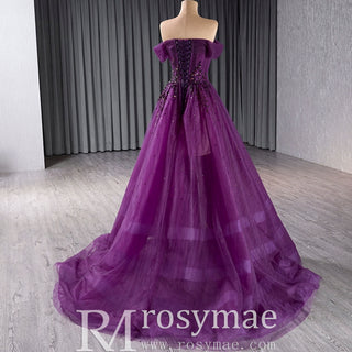 Off the Shoulder Purple A-line Tulle Prom Dress Evening Gown