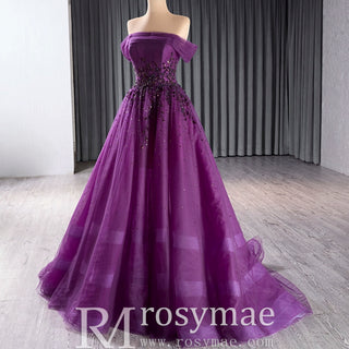 Off the Shoulder Purple A-line Tulle Prom Dress Evening Gown