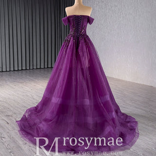 Off the Shoulder Purple A-line Tulle Prom Dress Evening Gown