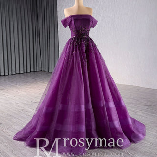 Off the Shoulder Purple A-line Tulle Prom Dress Evening Gown