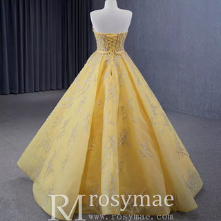 Sparkly Gold Ball Gown Prom Gown Beaded Strapless Quinceanera Dress