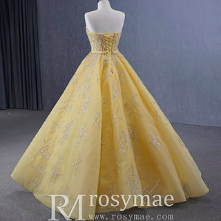 Sparkly Gold Ball Gown Prom Gown Beaded Strapless Quinceanera Dress