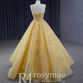 Sparkly Gold Ball Gown Prom Gown Beaded Strapless Quinceanera Dress