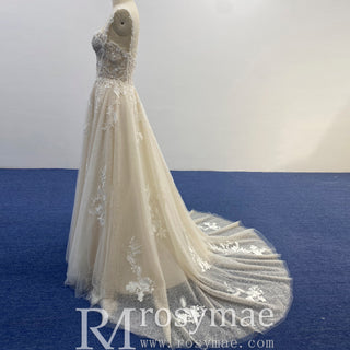 Elegant Champagne A-line Tulle Lace Wedding Dress Open Back
