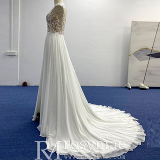 A-line Chiffon and Sheer Lace Bodice Wedding Dress with Slit