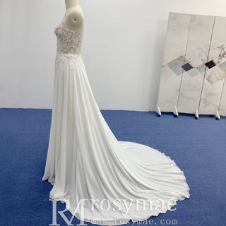 A-line Chiffon and Lace Vneck Wedding Dress with Strapy