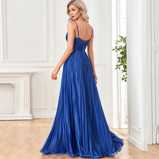 V-neck Pleated Formal Prom Gown Empire Waist Evening Dress with Spaghetti Strap