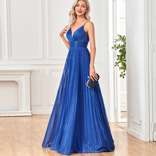 V-neck Pleated Formal Prom Gown Empire Waist Evening Dress with Spaghetti Strap