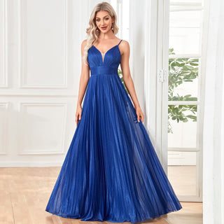 V-neck Pleated Formal Prom Gown Empire Waist Evening Dress with Spaghetti Strap