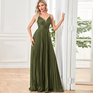 V-neck Pleated Formal Prom Gown Empire Waist Evening Dress with Spaghetti Strap