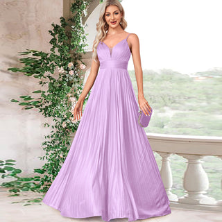 V-neck Pleated Formal Prom Gown Empire Waist Evening Dress with Spaghetti Strap