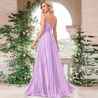 V-neck Pleated Formal Prom Gown Empire Waist Evening Dress with Spaghetti Strap