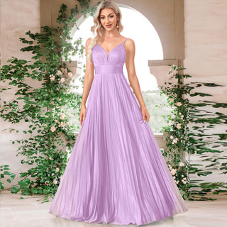 V-neck Pleated Formal Prom Gown Empire Waist Evening Dress with Spaghetti Strap