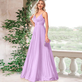 V-neck Pleated Formal Prom Gown Empire Waist Evening Dress with Spaghetti Strap