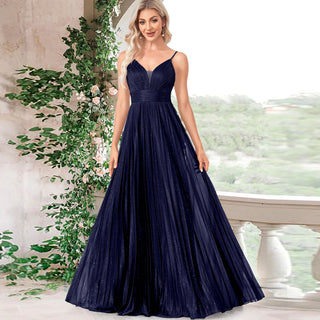 V-neck Pleated Formal Prom Gown Empire Waist Evening Dress with Spaghetti Strap