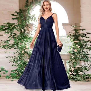 V-neck Pleated Formal Prom Gown Empire Waist Evening Dress with Spaghetti Strap