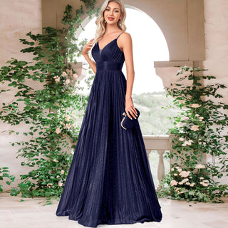 V-neck Pleated Formal Prom Gown Empire Waist Evening Dress with Spaghetti Strap