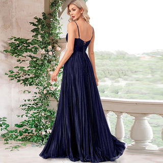 V-neck Pleated Formal Prom Gown Empire Waist Evening Dress with Spaghetti Strap