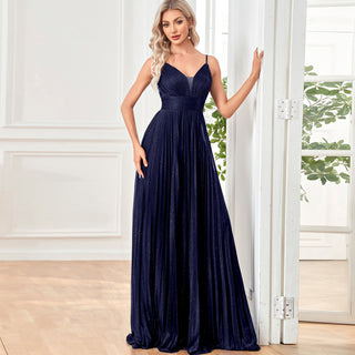 V-neck Pleated Formal Prom Gown Empire Waist Evening Dress with Spaghetti Strap