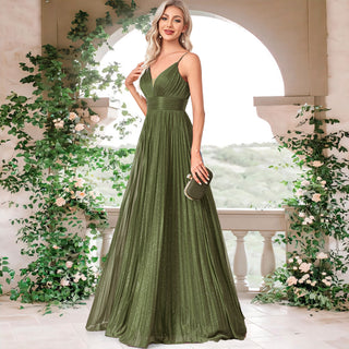 V-neck Pleated Formal Prom Gown Empire Waist Evening Dress with Spaghetti Strap