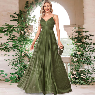 V-neck Pleated Formal Prom Gown Empire Waist Evening Dress with Spaghetti Strap