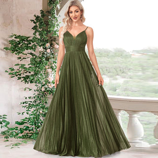 V-neck Pleated Formal Prom Gown Empire Waist Evening Dress with Spaghetti Strap