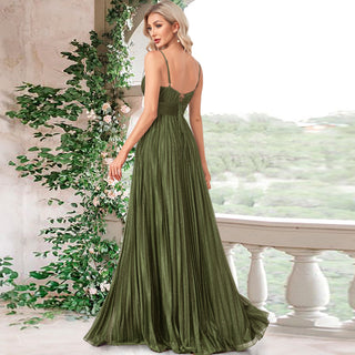 V-neck Pleated Formal Prom Gown Empire Waist Evening Dress with Spaghetti Strap