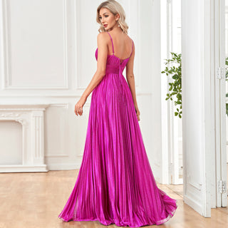 V-neck Pleated Formal Prom Gown Empire Waist Evening Dress with Spaghetti Strap