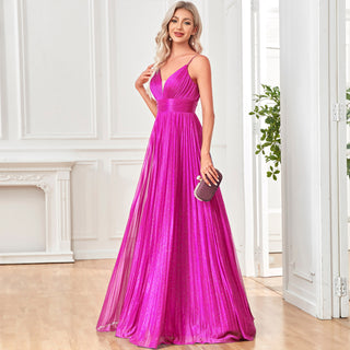 V-neck Pleated Formal Prom Gown Empire Waist Evening Dress with Spaghetti Strap