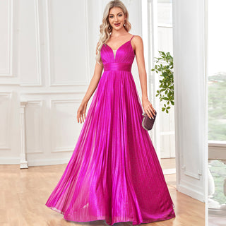 V-neck Pleated Formal Prom Gown Empire Waist Evening Dress with Spaghetti Strap