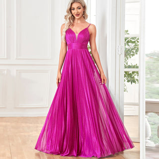 V-neck Pleated Formal Prom Gown Empire Waist Evening Dress with Spaghetti Strap