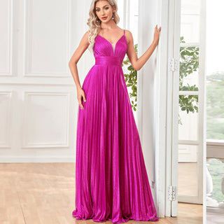 V-neck Pleated Formal Prom Gown Empire Waist Evening Dress with Spaghetti Strap