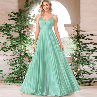 V-neck Pleated Formal Prom Gown Empire Waist Evening Dress with Spaghetti Strap